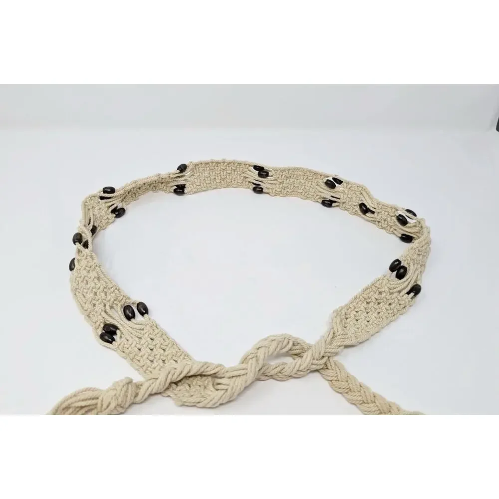 Vintage 80s Belt Beige Crocheted Tie Boho Beaded Macrame Women's 31 Inches